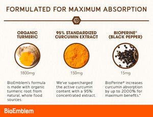 Bioemblem Turmeric Curcumin Supplement with Bioperine | Joint Support & Heart Health | with Organic Turmeric Powder & 95% Curcuminoids Extract | California Made, Non - Gmo, 30 - Day Supply - Vitamen Store