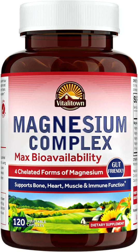 Vitalitown Magnesium Complex, Magnesium Glycinate, Malate, Taurate & Citrate, Chelated Forms, High Absorption, Bone, Heart, Muscle, Immune, Energy, Sleep & Digestion, Non-Gmo