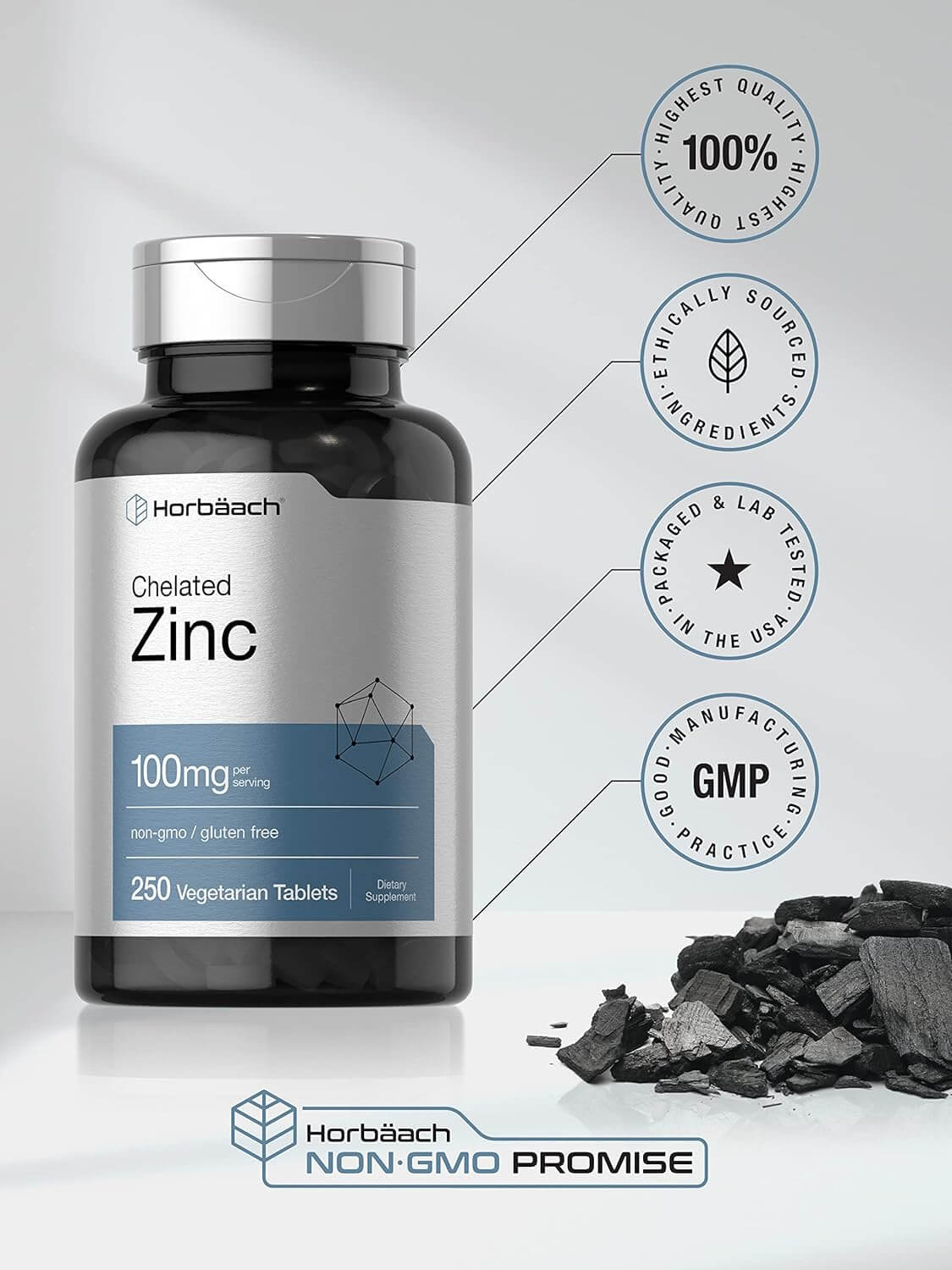 Chelated Zinc Supplement 100mg | 250 Tablets | High Potency & Superior Absorption | Vegetarian, Non - GMO, Gluten Free | by Horbaach - Vitamen Store