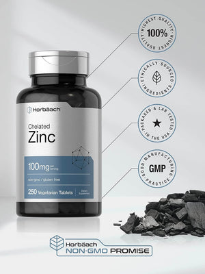 Chelated Zinc Supplement 100mg | 250 Tablets | High Potency & Superior Absorption | Vegetarian, Non - GMO, Gluten Free | by Horbaach - Vitamen Store