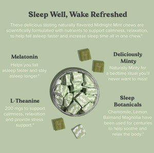 Chewsy Peaceful Sleep Chews, Sleep Support, 3 Mg Melatonin, 200 MGS L - Theanine, Chamomile, Lemon Balm, Magnolia, Nighttime Sleep Aid, Naturally Minty Chews, Promotes Restful Sleep, 30 - Day Supply - Vitamen Store