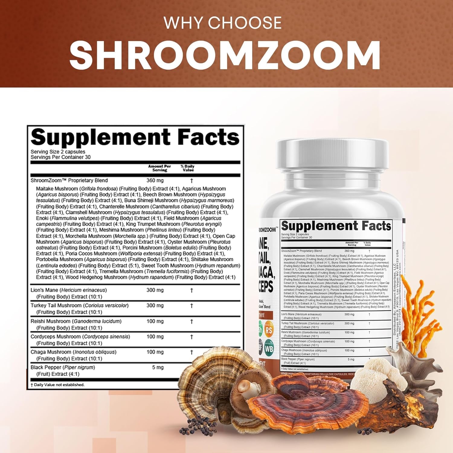 Clean Nutraceuticals Lions Mane 20In1 Mushroom Supplement with Turkey Tail Reishi Cordyceps Chaga Maitake Meshima Poria Cocos Shiitake Oyster Porcini Enoki - Pack - Vitamen Store
