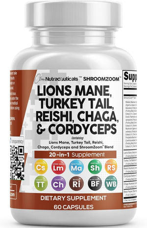 Clean Nutraceuticals Lions Mane 20In1 Mushroom Supplement with Turkey Tail Reishi Cordyceps Chaga Maitake Meshima Poria Cocos Shiitake Oyster Porcini Enoki - Pack - Vitamen Store