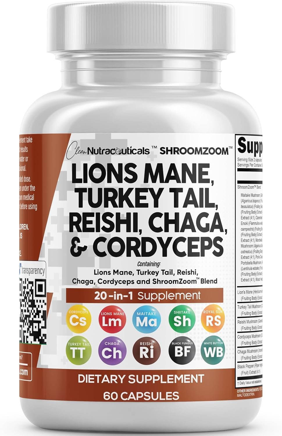 Clean Nutraceuticals Lions Mane 20In1 Mushroom Supplement with Turkey Tail Reishi Cordyceps Chaga Maitake Meshima Poria Cocos Shiitake Oyster Porcini Enoki - Pack - Vitamen Store