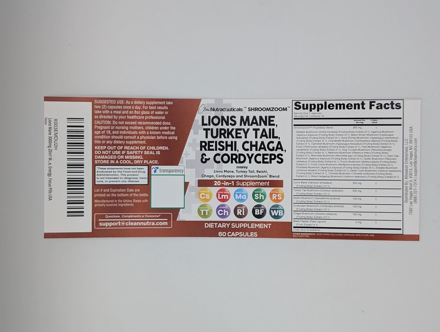 Clean Nutraceuticals Lions Mane 20In1 Mushroom Supplement with Turkey Tail Reishi Cordyceps Chaga Maitake Meshima Poria Cocos Shiitake Oyster Porcini Enoki - Pack - Vitamen Store
