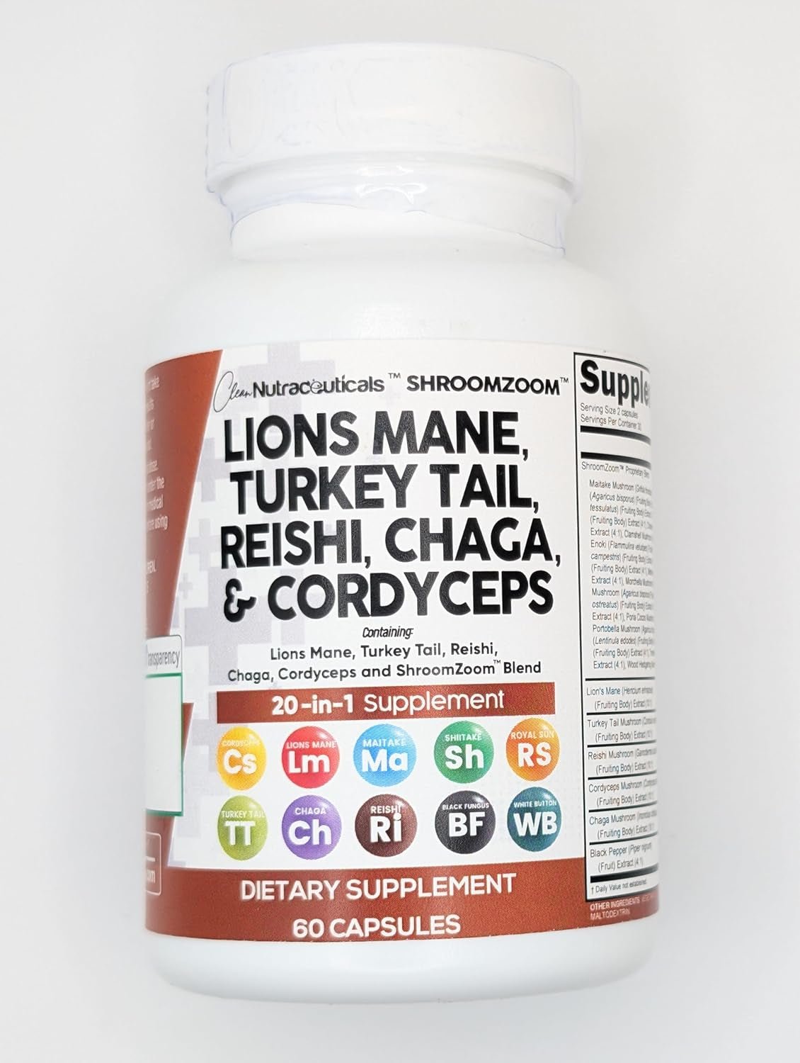 Clean Nutraceuticals Lions Mane 20In1 Mushroom Supplement with Turkey Tail Reishi Cordyceps Chaga Maitake Meshima Poria Cocos Shiitake Oyster Porcini Enoki - Pack - Vitamen Store