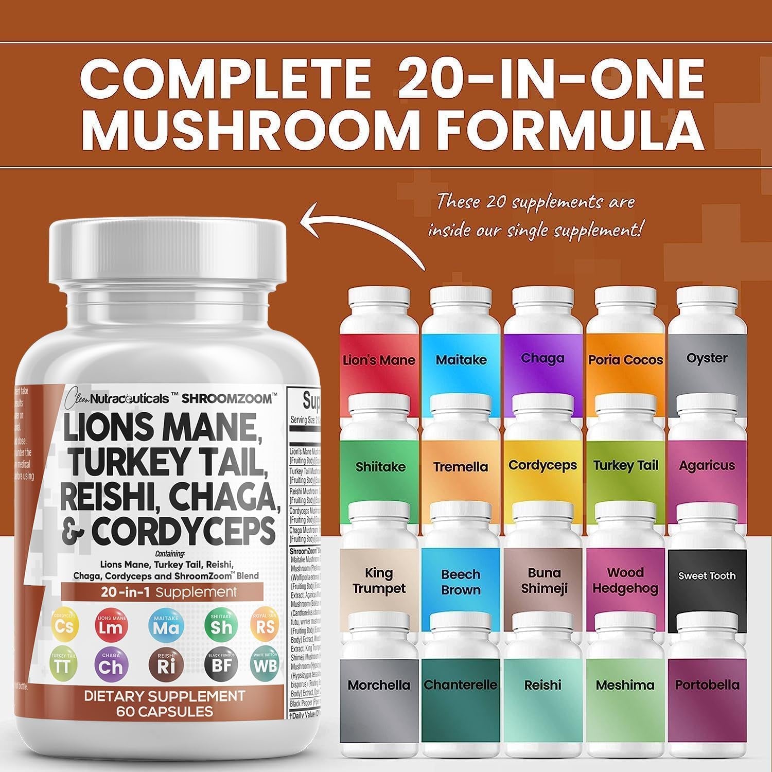 Clean Nutraceuticals Lions Mane 20In1 Mushroom Supplement with Turkey Tail Reishi Cordyceps Chaga Maitake Meshima Poria Cocos Shiitake Oyster Porcini Enoki - Pack - Vitamen Store