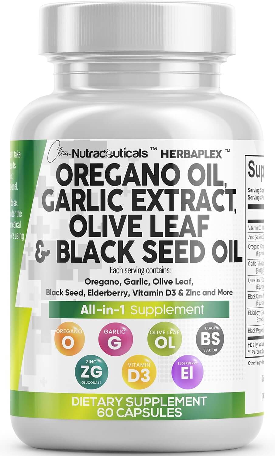 Clean Nutraceuticals Oregano Oil Garlic Extract Olive Leaf Black Seed Oil - Immune Support & Digestive Health Supplement for Women and Men with Vitamin D3 & Zinc - 1Pack - Vitamen Store