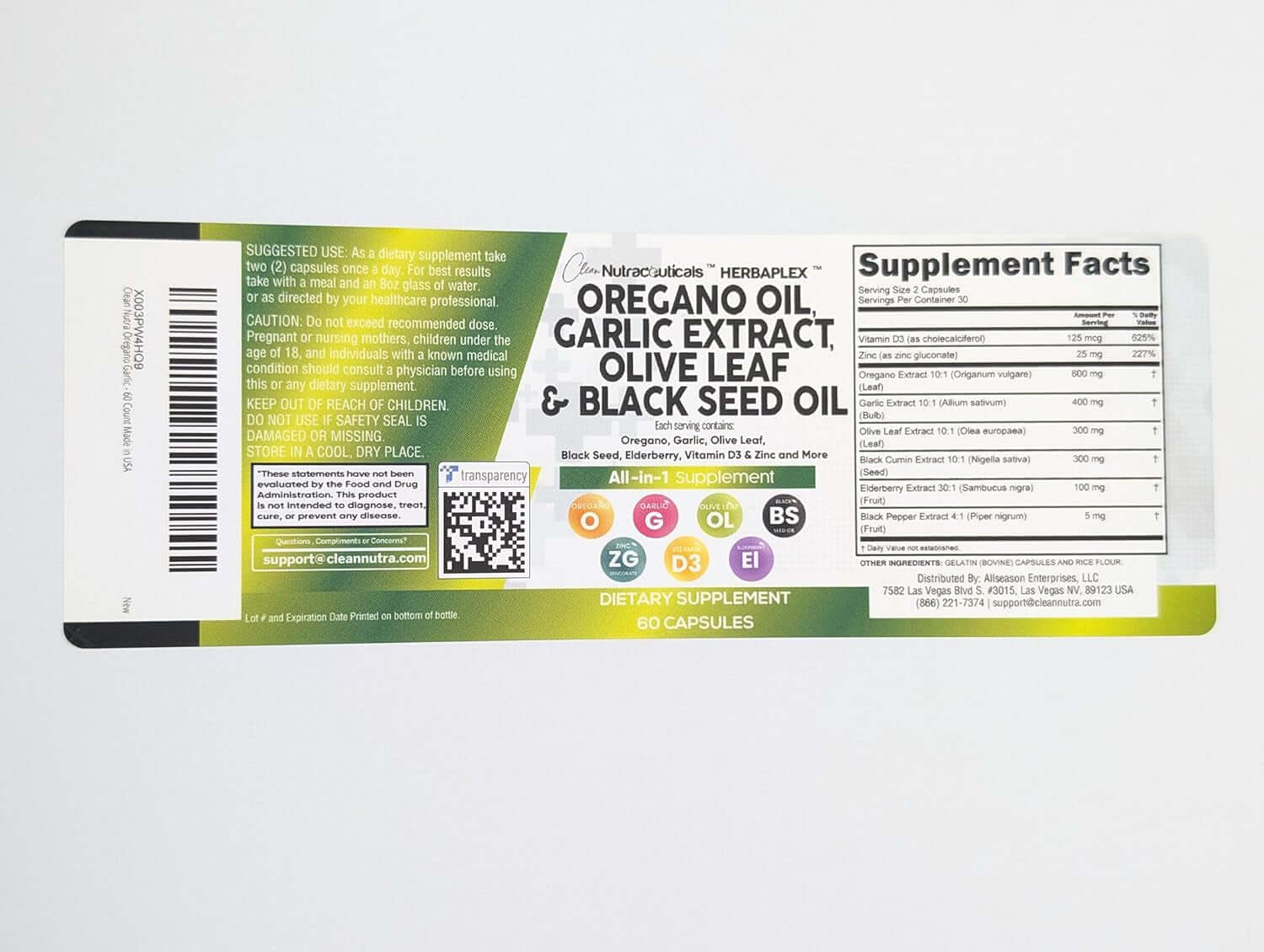 Clean Nutraceuticals Oregano Oil Garlic Extract Olive Leaf Black Seed Oil - Immune Support & Digestive Health Supplement for Women and Men with Vitamin D3 & Zinc - 1Pack - Vitamen Store