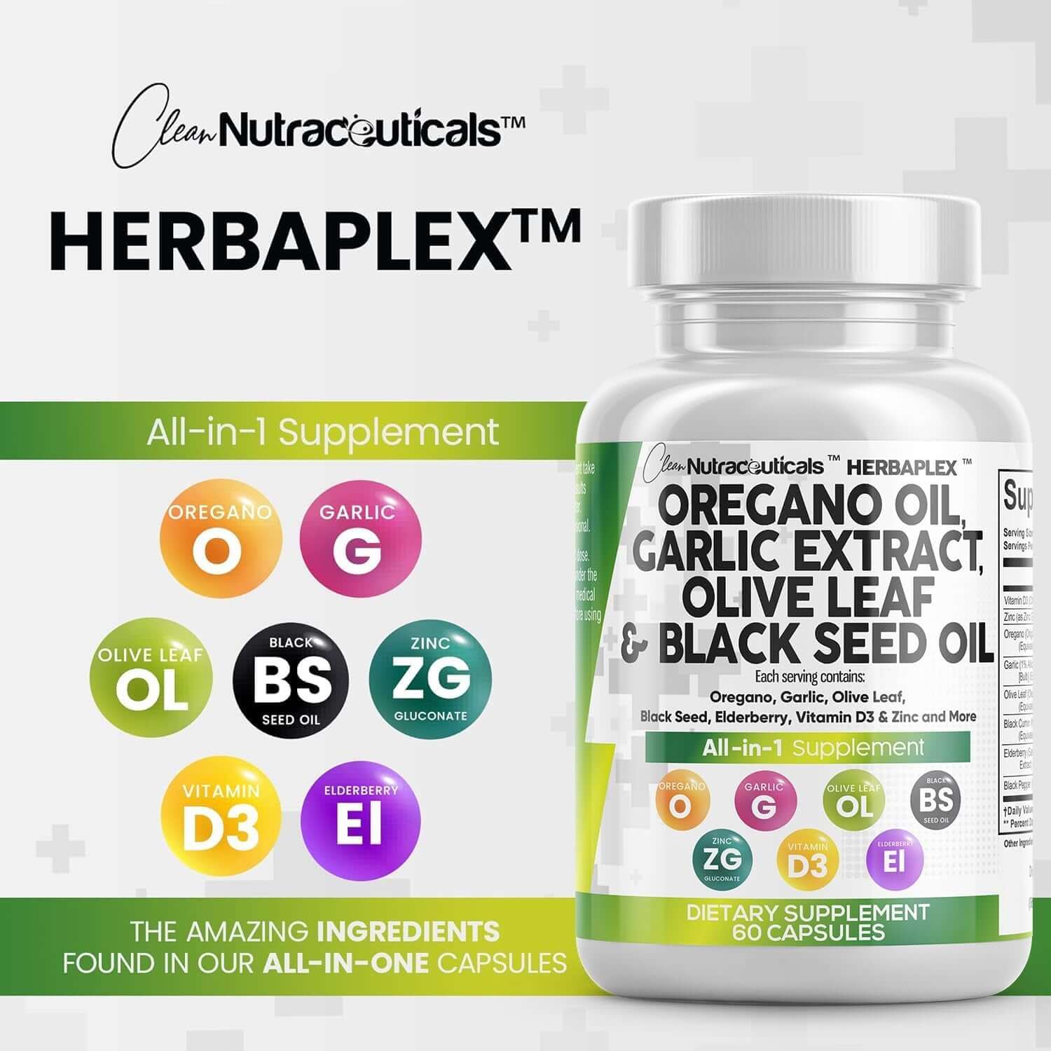 Clean Nutraceuticals Oregano Oil Garlic Extract Olive Leaf Black Seed Oil - Immune Support & Digestive Health Supplement for Women and Men with Vitamin D3 & Zinc - 1Pack - Vitamen Store