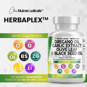 Clean Nutraceuticals Oregano Oil Garlic Extract Olive Leaf Black Seed Oil - Immune Support & Digestive Health Supplement for Women and Men with Vitamin D3 & Zinc - 1Pack - Vitamen Store