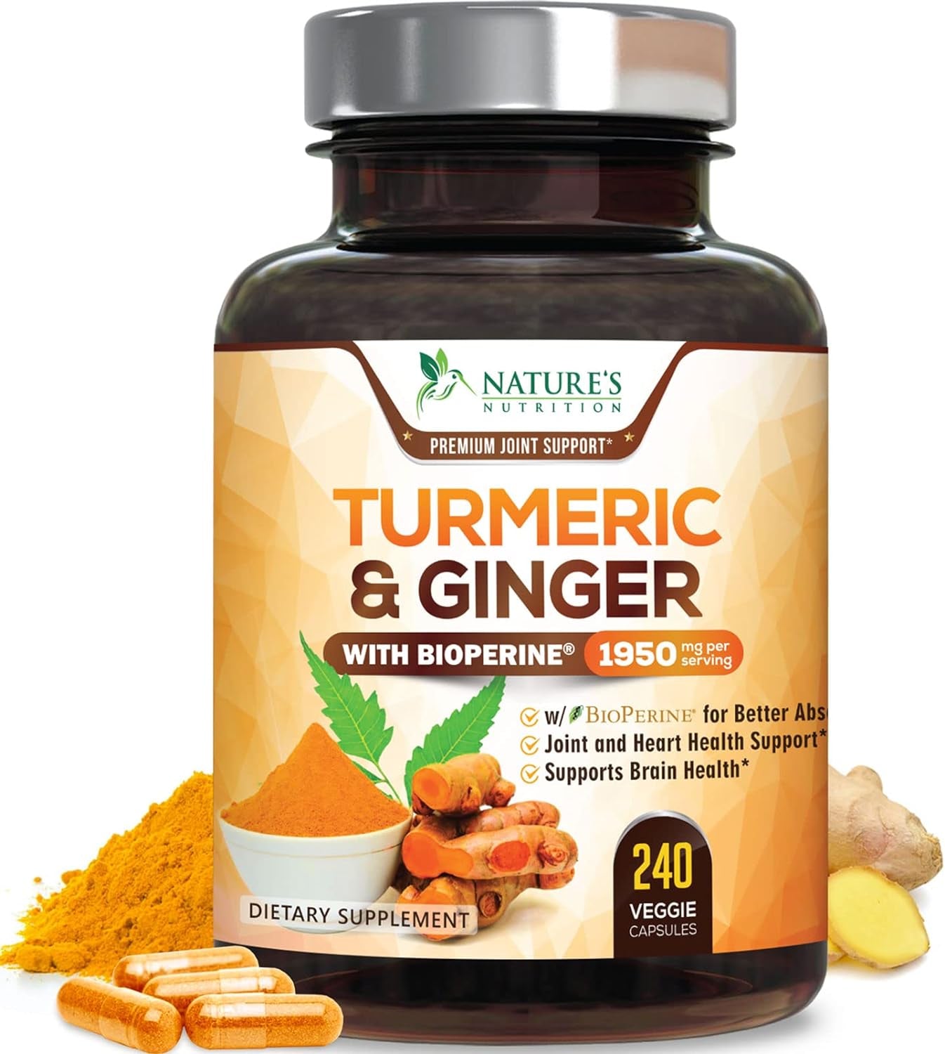 Turmeric Curcumin Supplement 1950Mg with Organic Turmeric & Ginger, 95% Curcuminoids, Bioperine Black Pepper for Best Absorption, Nature'S Vegan Joint Support, Non-Gmo, Bottled in USA - 120 Capsules