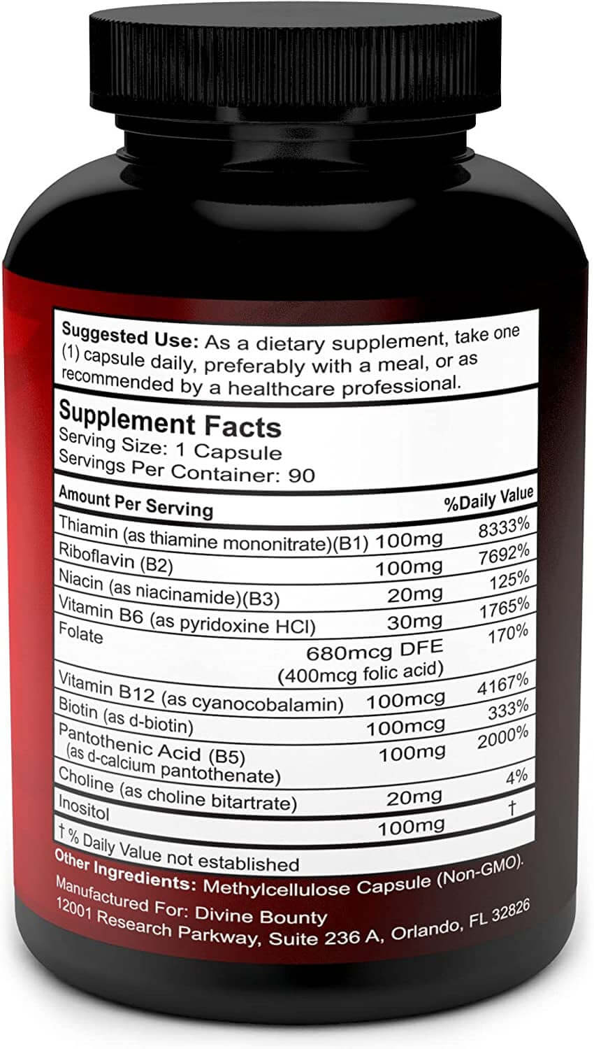 Divine Bounty Super B Complex Vitamins - All B Vitamins Including B12, B1, B2, B3, B5, B6, B7, B9, Folic Acid - Vitamin B Supplement - Support Healthy Energy Metabolism - 90 Vegetarian Capsules