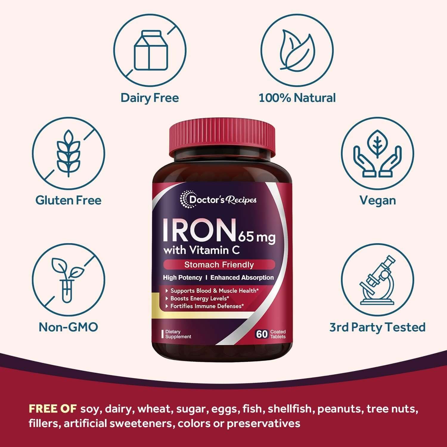 Doctor'S Recipes Iron Supplement 65 Mg with Vitamin C - Maximized Absorption, Stomach Friendly & High Potency Iron Pills for Red Blood Cells Formation & Immunity Health - Vegan Non - Gmo 60 Iron Tablets - Vitamen Store