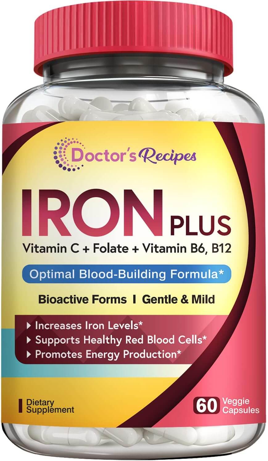 Doctor'S Recipes Iron Supplement, Iron Bisglycinate with Vitamin C, B6, Folate & B12, Non - Constipating, Stomach Friendly, Gentle Iron Pills for Iron Deficiency, Blood & Energy Support, 60 Vegan Caps - Vitamen Store