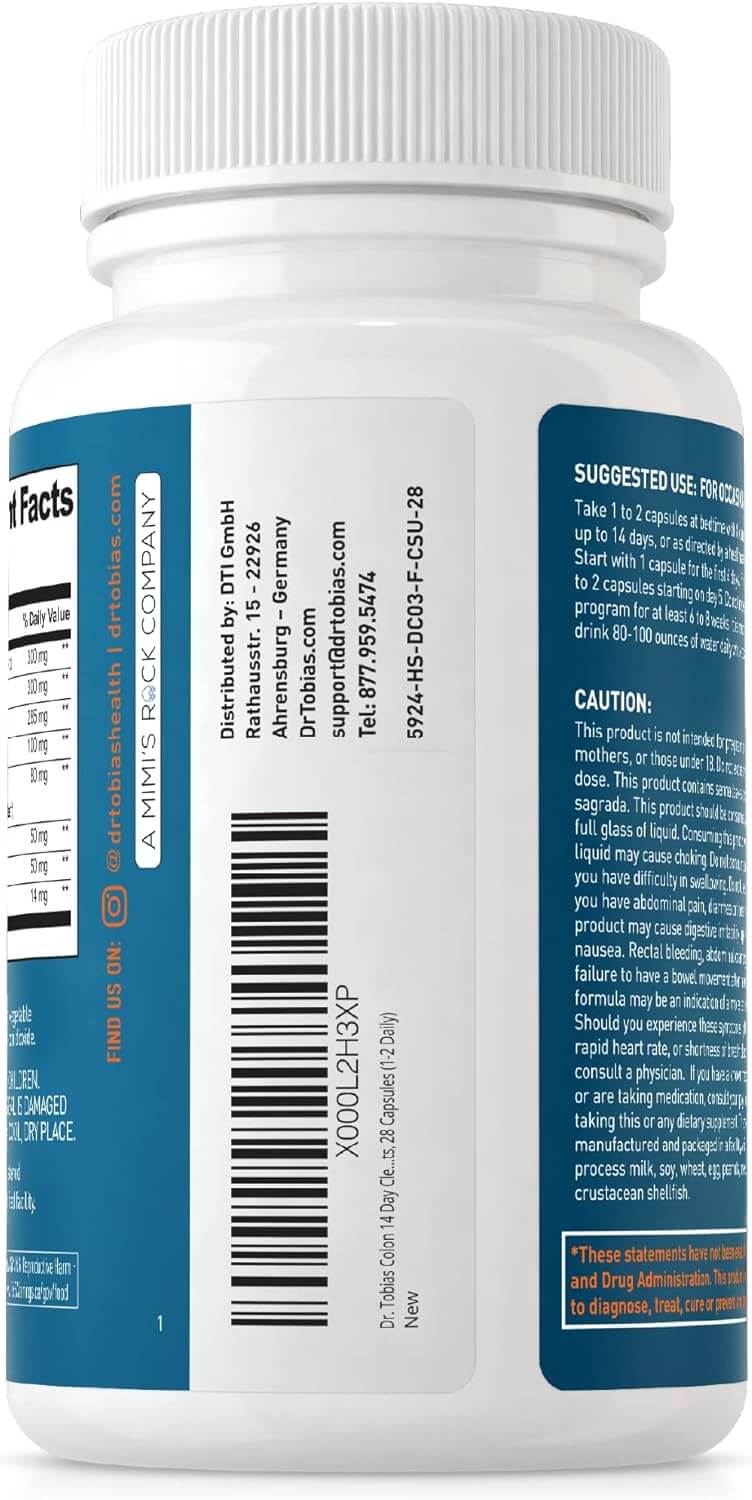 Dr. Tobias Colon 14 Day Cleanse – with Cascara Sagrada, Psyllium Husk, Senna Leaf & Probiotics – Non - GMO, 28 Capsules (1 - 2 Daily) - Vitamen Store