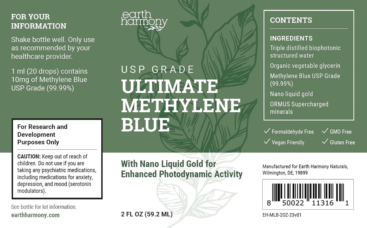 Earth Harmony Methylene Blue 1% USP Grade with Nano Liquid Gold - 2 Oz - Vitamen Store