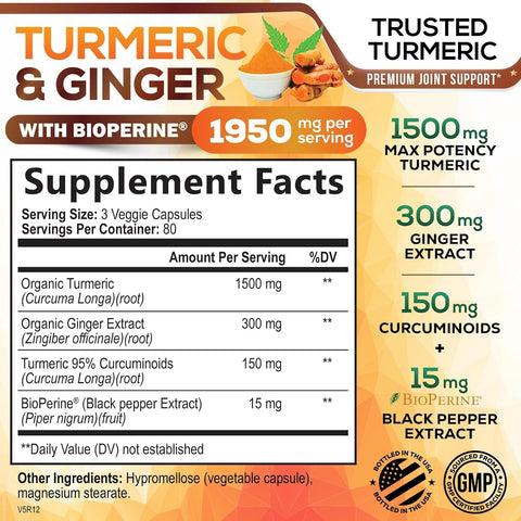 Turmeric Curcumin Supplement 1950Mg with Organic Turmeric & Ginger, 95% Curcuminoids, Bioperine Black Pepper for Best Absorption, Nature'S Vegan Joint Support, Non-Gmo, Bottled in USA - 120 Capsules