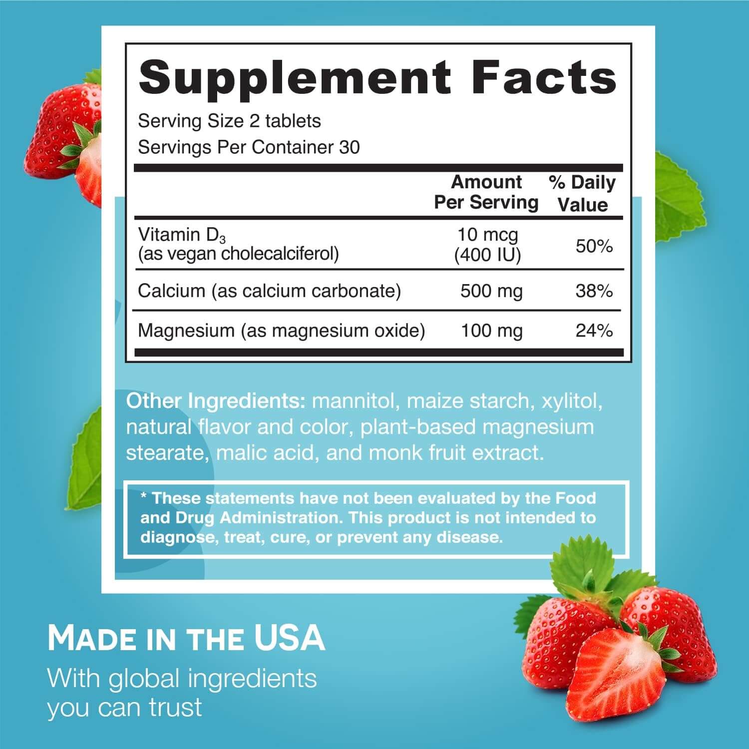 EZ Melts Calcium Plus with Vegan D3 and Magnesium, 500 mg, Sublingual Vitamins, Vegan, Zero Sugar, Natural Strawberry Flavor, 100 Fast Dissolve Tablets - Vitamen Store