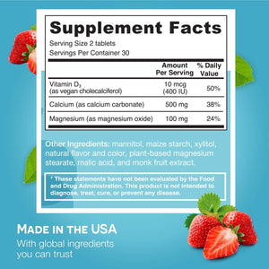 EZ Melts Calcium Plus with Vegan D3 and Magnesium, 500 mg, Sublingual Vitamins, Vegan, Zero Sugar, Natural Strawberry Flavor, 100 Fast Dissolve Tablets - Vitamen Store