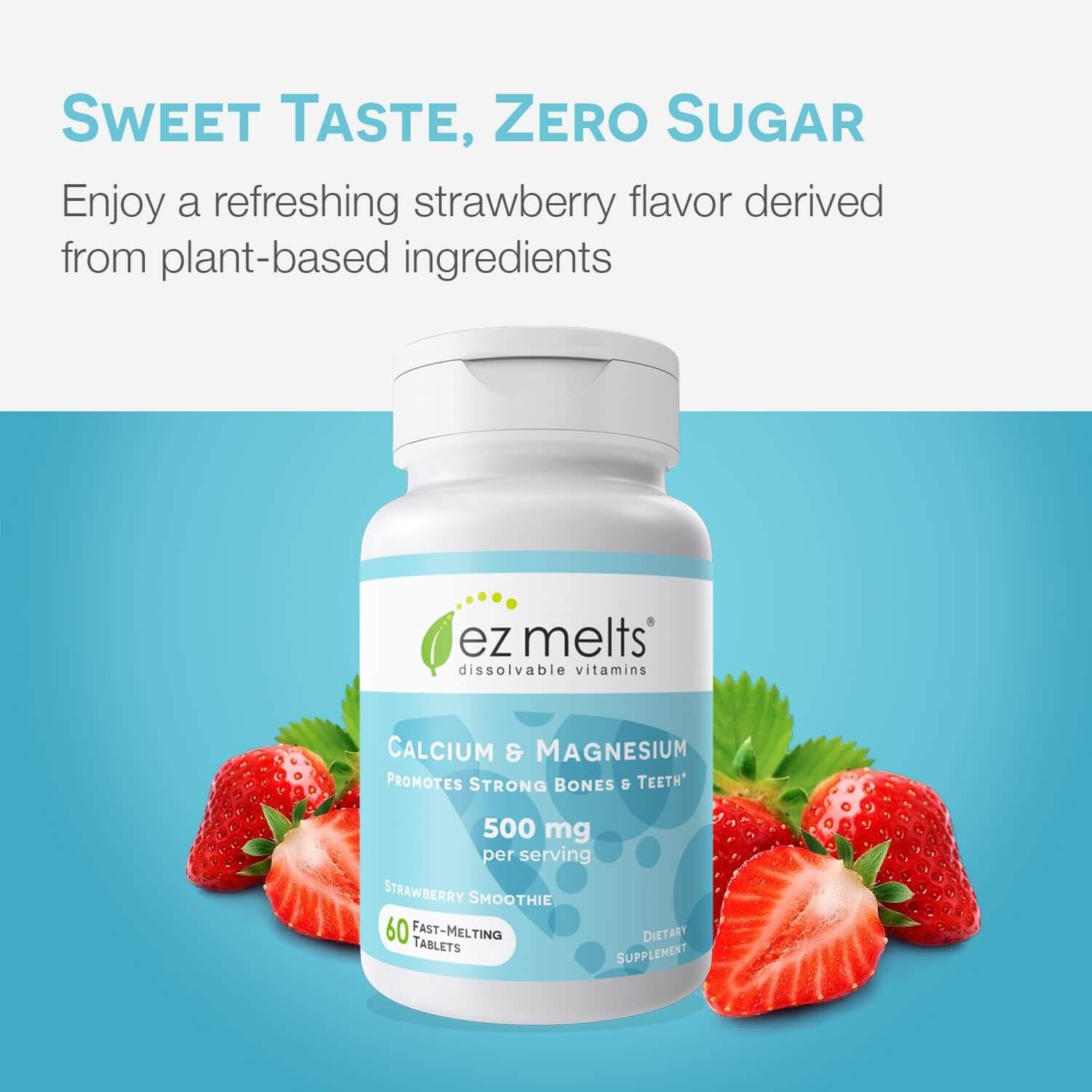 EZ Melts Calcium Plus with Vegan D3 and Magnesium, 500 mg, Sublingual Vitamins, Vegan, Zero Sugar, Natural Strawberry Flavor, 100 Fast Dissolve Tablets - Vitamen Store