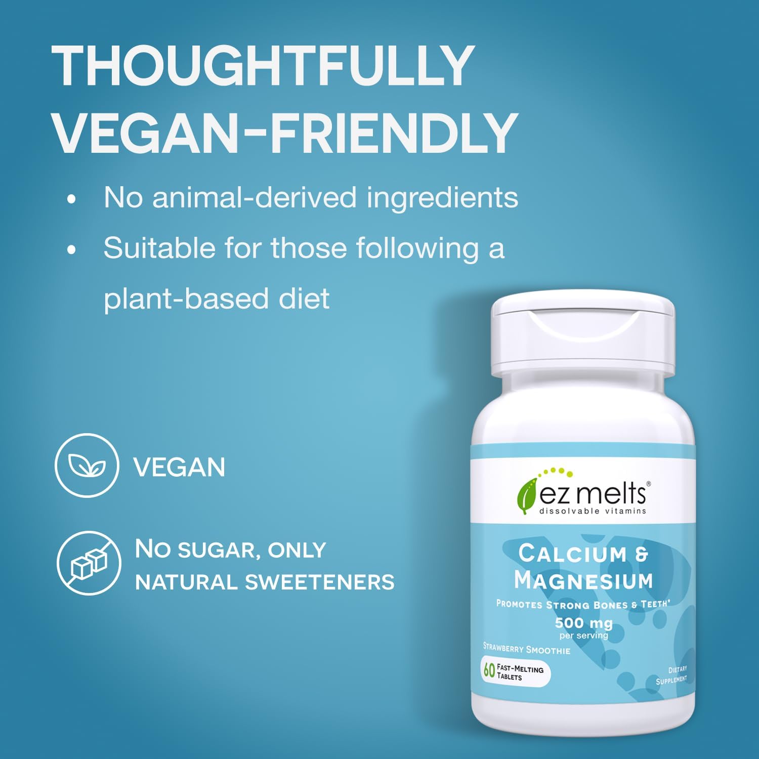 EZ Melts Calcium Plus with Vegan D3 and Magnesium, 500 mg, Sublingual Vitamins, Vegan, Zero Sugar, Natural Strawberry Flavor, 100 Fast Dissolve Tablets - Vitamen Store
