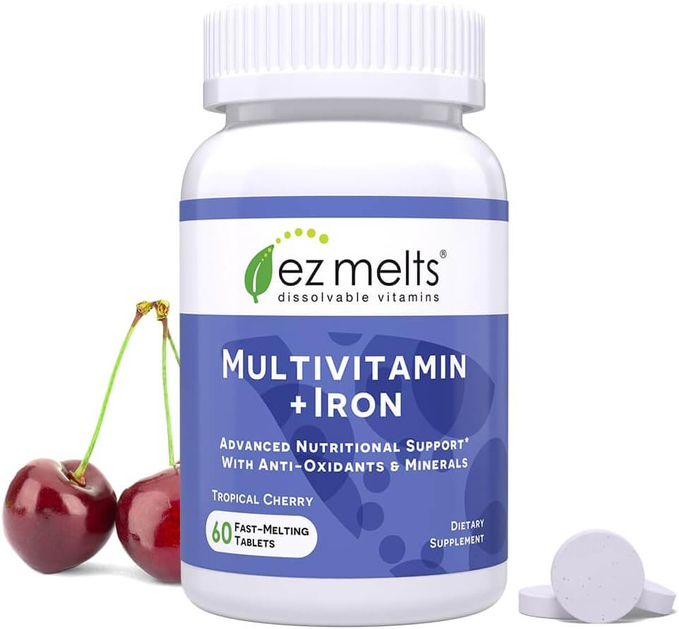 EZ Melts Multivitamin with Iron, Sublingual Vitamins, Vegan, Zero Sugar, Natural Cherry Flavor, 60 Fast Dissolve Tablets - Vitamen Store