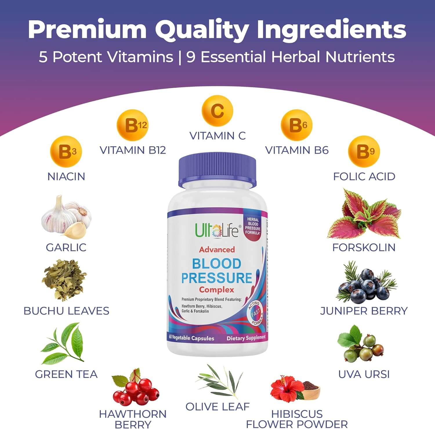 Herbal Supplement Complex – Hawthorn Berry, Hibiscus, Garlic, Forskolin & 14 Vitamins & Herbs – 30 - Day Supply, Veggie Capsules - Vitamen Store