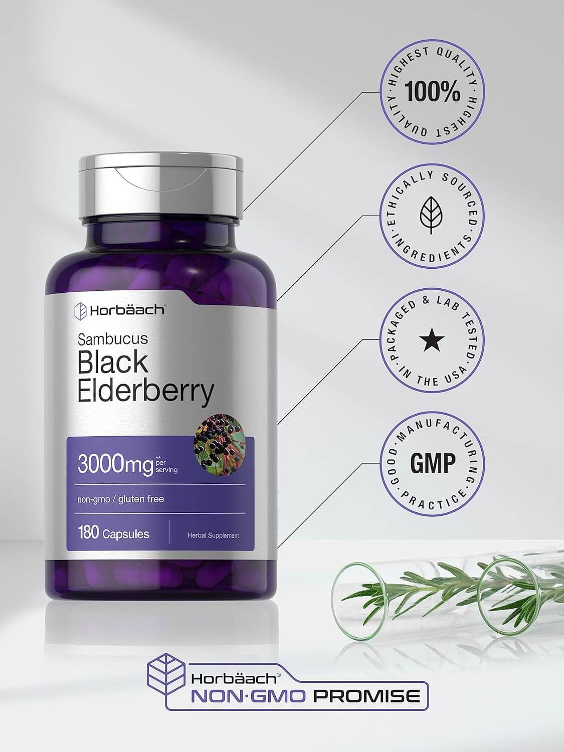 Horbäach Black Elderberry | 3000mg Capsules | 180 Count | Non - GMO, Gluten Free | Sambucus Extract Supplement - Vitamen Store