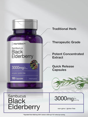 Horbäach Black Elderberry | 3000mg Capsules | 180 Count | Non - GMO, Gluten Free | Sambucus Extract Supplement - Vitamen Store