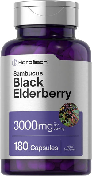 Horbäach Black Elderberry | 3000mg Capsules | 180 Count | Non - GMO, Gluten Free | Sambucus Extract Supplement - Vitamen Store