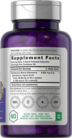 Horbäach Black Elderberry | 3000mg Capsules | 180 Count | Non - GMO, Gluten Free | Sambucus Extract Supplement - Vitamen Store