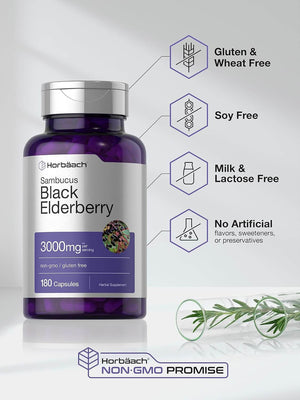 Horbäach Black Elderberry | 3000mg Capsules | 180 Count | Non - GMO, Gluten Free | Sambucus Extract Supplement - Vitamen Store