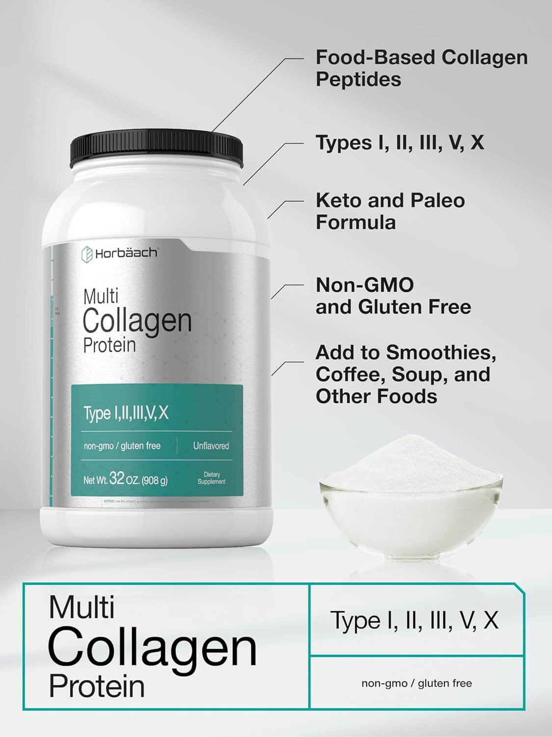 Horbaach Multi Collagen Protein Powder 32 Oz | Type I, II, III, V, X | Hydrolyzed Collagen Peptides | Keto & Paleo Friendly | Unflavored & Gluten Free - Vitamen Store