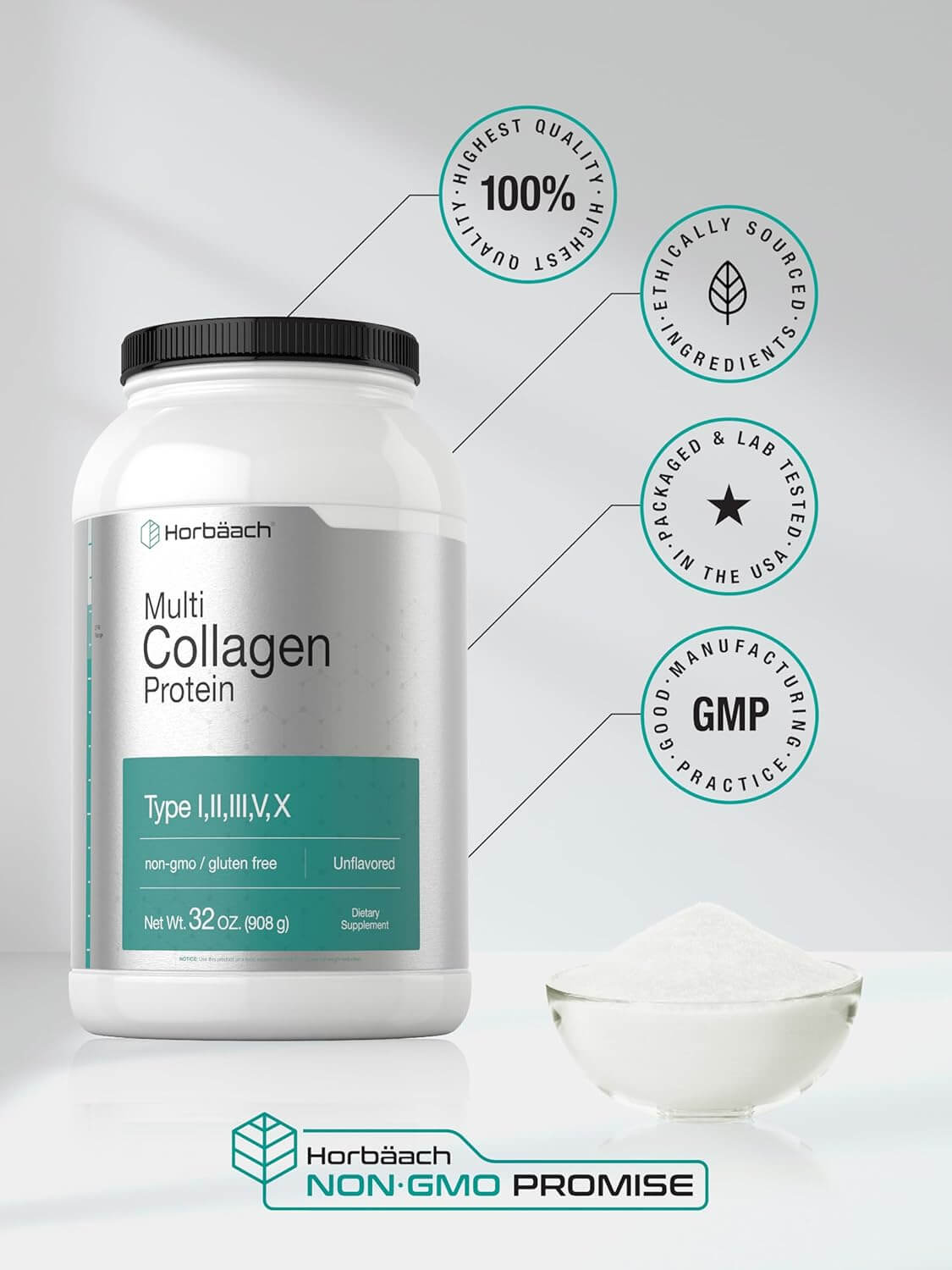 Horbaach Multi Collagen Protein Powder 32 Oz | Type I, II, III, V, X | Hydrolyzed Collagen Peptides | Keto & Paleo Friendly | Unflavored & Gluten Free - Vitamen Store