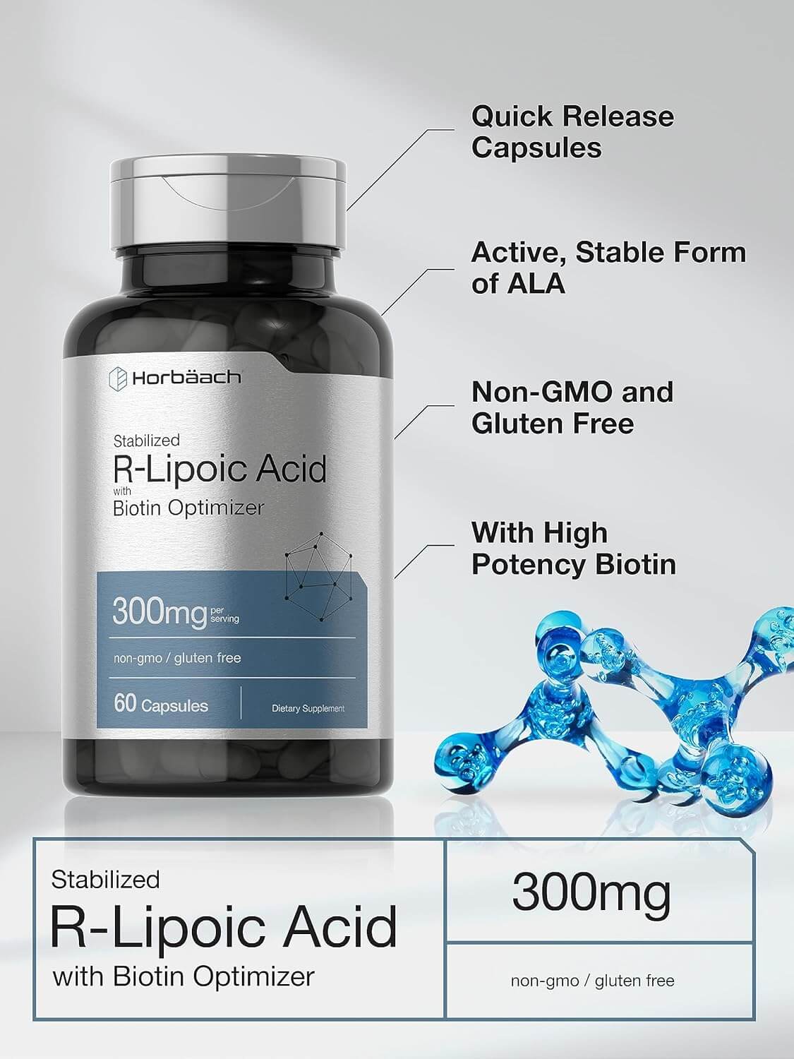 Horbäach Stabilized R - Lipoic Acid 300mg – 60 Capsules with Biotin Optimizer – Non - GMO & Gluten - Free – Na - RALA Supplement - Vitamen Store