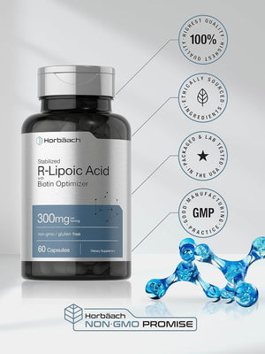 Horbäach Stabilized R - Lipoic Acid 300mg – 60 Capsules with Biotin Optimizer – Non - GMO & Gluten - Free – Na - RALA Supplement - Vitamen Store