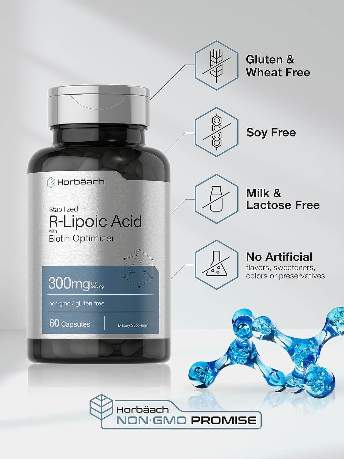 Horbäach Stabilized R - Lipoic Acid 300mg – 60 Capsules with Biotin Optimizer – Non - GMO & Gluten - Free – Na - RALA Supplement - Vitamen Store
