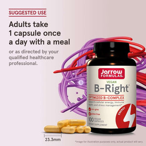 Jarrow Formulas B - Right, Optimized B Complex Featuring Vitamin B1, B2, B5, B6, B12 and B9 to Support Cellular Energy, Immune Health and Stress Management, 100 Veggie Capsules, up to a 100 Day Supply - Vitamen Store