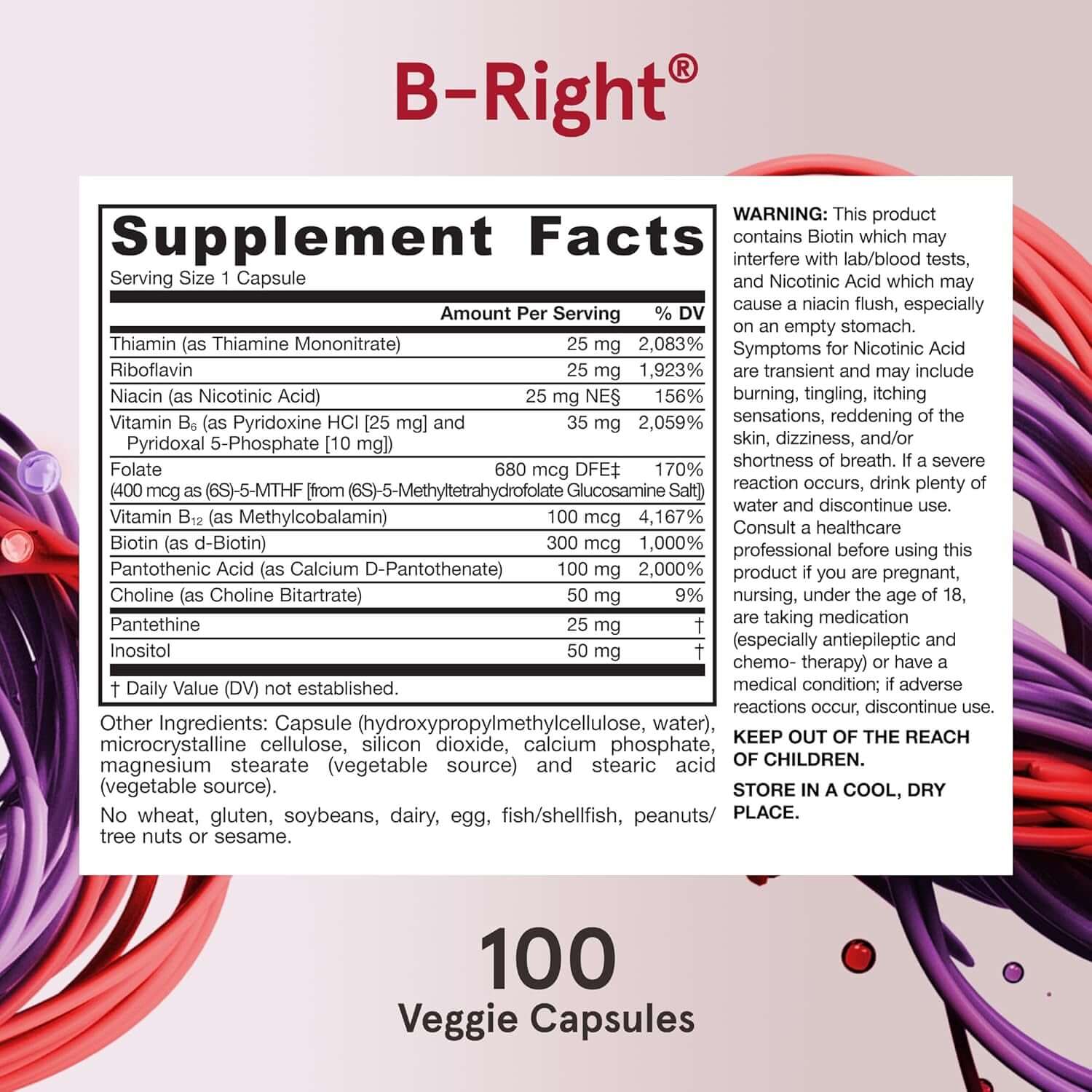 Jarrow Formulas B - Right, Optimized B Complex Featuring Vitamin B1, B2, B5, B6, B12 and B9 to Support Cellular Energy, Immune Health and Stress Management, 100 Veggie Capsules, up to a 100 Day Supply - Vitamen Store