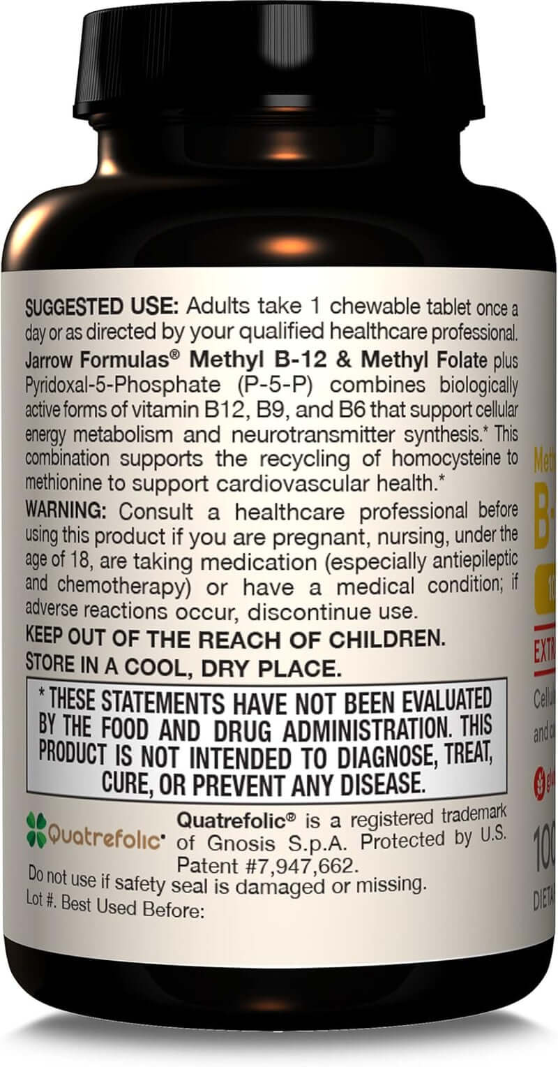 Jarrow Formulas Extra Strength Methyl B - 12 1000 Mcg & Methyl Folate 400 Mcg + P - 5 - P, Dietary Supplement for Cellular Energy Metabolism and Cardiovascular Support, 100 Chewable Tablets, 100 Day Supply - Vitamen Store