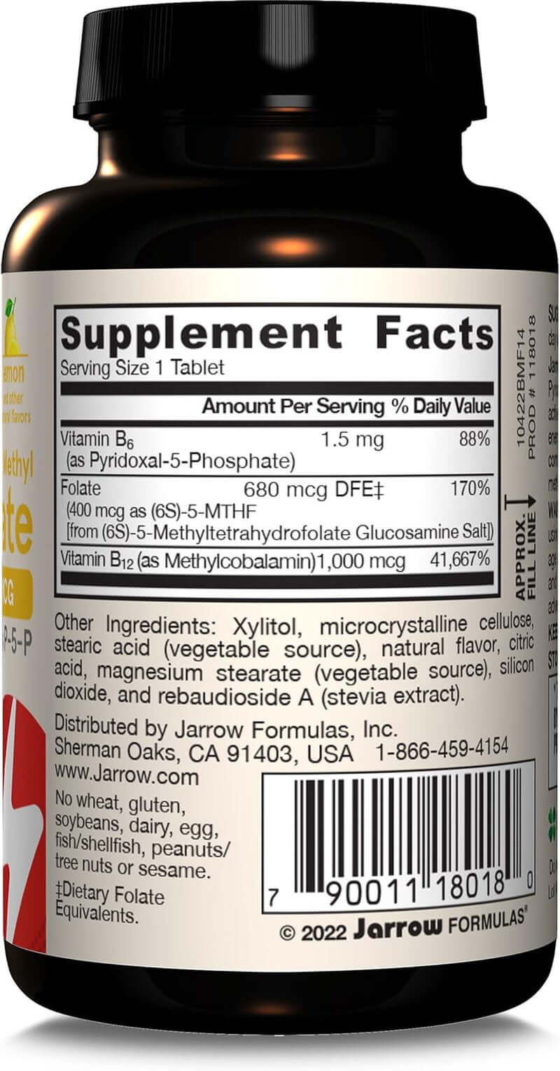 Jarrow Formulas Extra Strength Methyl B - 12 1000 Mcg & Methyl Folate 400 Mcg + P - 5 - P, Dietary Supplement for Cellular Energy Metabolism and Cardiovascular Support, 100 Chewable Tablets, 100 Day Supply - Vitamen Store