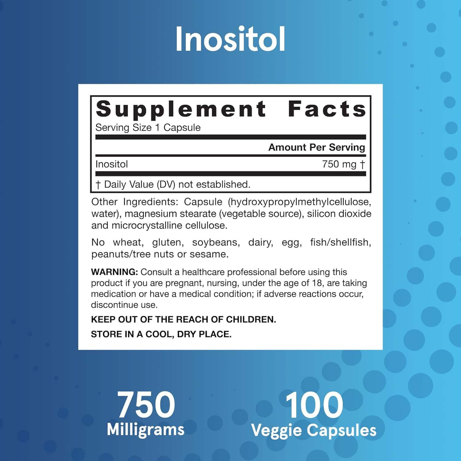 Jarrow Formulas Inositol 750 Mg, Dietary Supplement, 100 Veggie Capsules, up to a 100 Day Supply - Vitamen Store