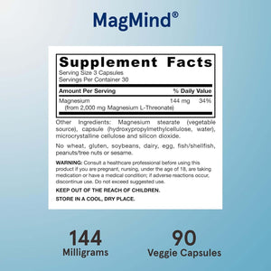 Jarrow Formulas Magnesium L - Threonate, Magmind Magtein Brain Supplements for Memory Support, 90 Veggie Capsules, up to a 30 Day Supply - Vitamen Store