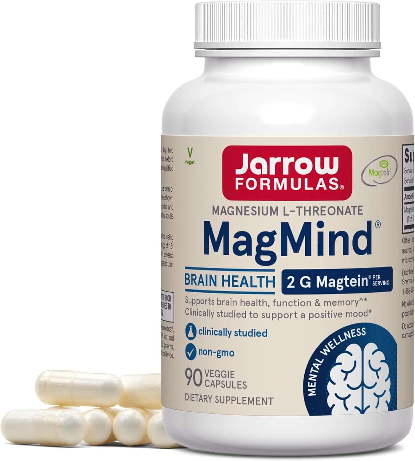 Jarrow Formulas Magnesium L - Threonate, Magmind Magtein Brain Supplements for Memory Support, 90 Veggie Capsules, up to a 30 Day Supply - Vitamen Store