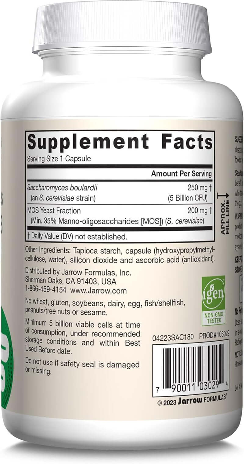 Jarrow Formulas Saccharomyces Boulardii Probiotics + MOS 5 Billion CFU Probiotic Yeast for Intestinal Health Support, Gut Health Supplements for Women and Men, 180 Veggie Capsules, 180 Day Supply - Vitamen Store