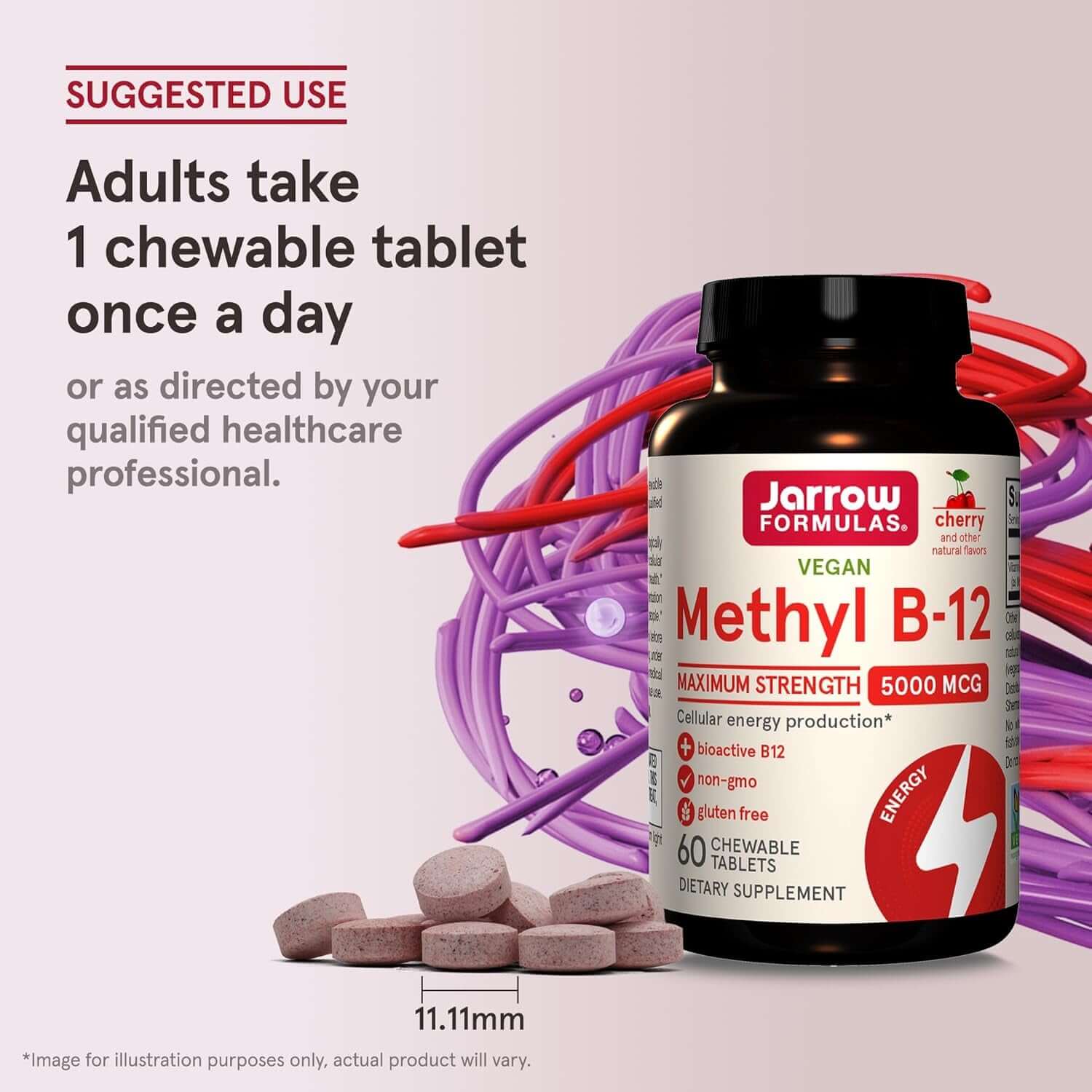 Jarrow Formulas Vitamin B12 5000 Mcg - Maximum Strength for Cellular Energy and Brain Health, 60 Cherry Chewable Tablets, B12 Vitamins 5000 Mcg - Vitamen Store
