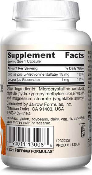 Jarrow Formulas Zinc Balance 15 mg with Copper – 100 Veggie Caps – Gluten‑Free & Vegan - Vitamen Store