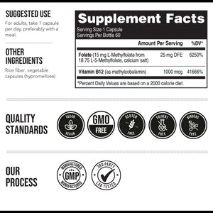 L Methyl Folate 15Mg plus Methyl B12 Cofactor – High Potency, Active 5 - MTHF Form - Supports Mood, Methylation, Cognition – Bioactive Forms of Vitamin B9 & B12 (60 Capsules – 60 Servings) - Vitamen Store