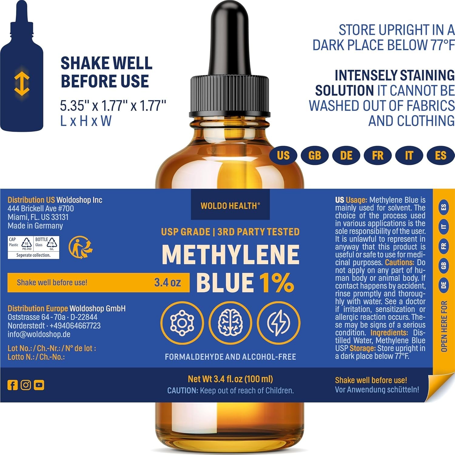Methylene Blue 1% Solution - USP Grade for Lab & Technical Use - Amber Glass Bottle, 3.4oz - Vitamen Store